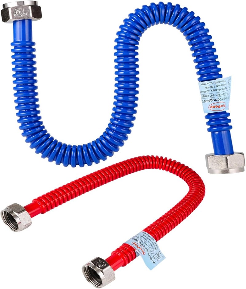 PEVEPEXE 2 Pack, Upgrade Hot & Cold Water Heater Hose, 1" FIP x 1" FIP x 24 in Length Stainless Steel Corrugated Water Line Connector For Water Softener Tanks, Rubber Coating Red & Blue - Image 1